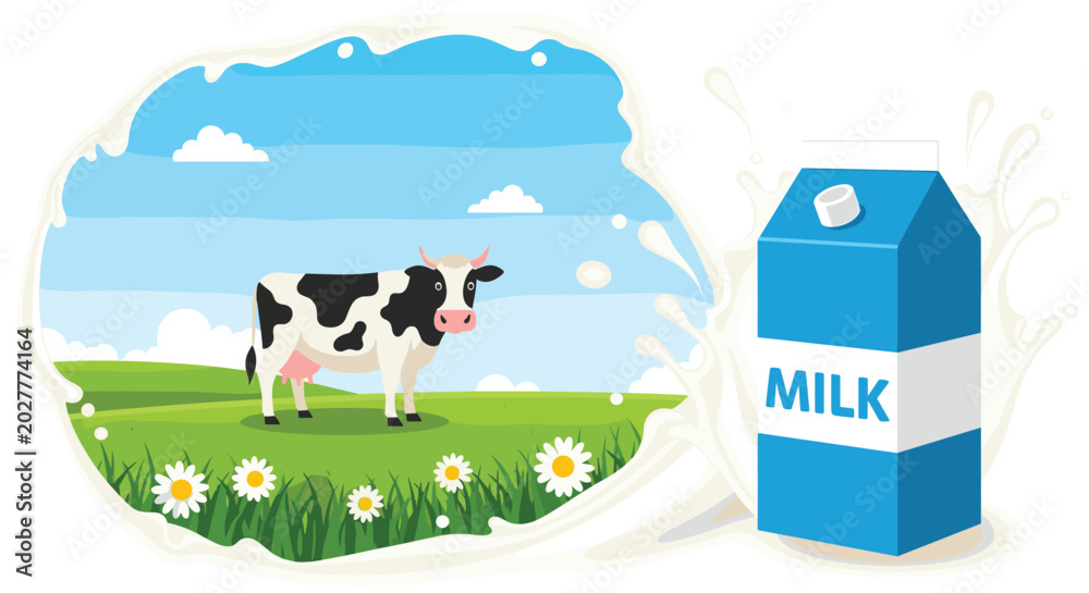 Naklejka premium Milk carton placed next to a large milk splash containing a landscape view of a cow grazing in a serene flower field.