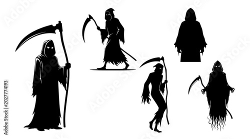 Schilderij op canvas Grim Reaper Silhouettes Collection: Various Poses with Scythes for Halloween and