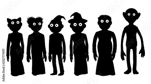Foto Diverse group of six cartoon silhouette monsters with googly eyes on white backg