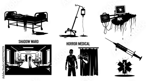 Schilderij op canvas Halloween Horror Medical Set: Skeleton in Bed, IV Drip, Broken Monitor, Haunted