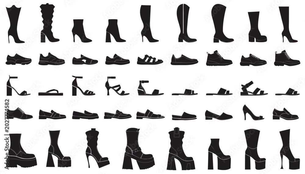 Obraz premium Fashion Shoe Icons and Silhouettes Mega Pack of Modern Footwear Styles for Web and Graphic Design.eps