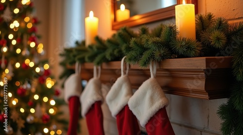 Traditional red and white christmas stockings hanging on a wooden fireplace mantle with glowing candles and a decorated tree in the cozy home