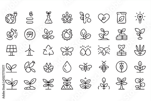 Sustainability and Ecology Line Icon Set with Plants, Renewable Energy, Recycling and Green Technology Symbols