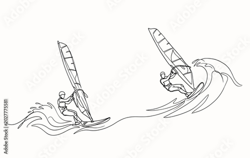Quadro su tela Tropical windsurfing boards riding ocean waves, summer vacation concept