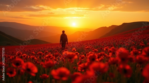 A lonely hiker standing in a vast field of red poppy flowers during a beautiful golden sunset with mountains in the distance under a warm sky