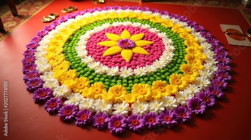 Beautiful colorful flower rangoli design made with fresh flower petals for onam festival celebration