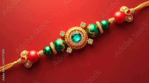 Beautiful decorative rakhi thread with green and red beads for raksha bandhan festival on a vibrant red background