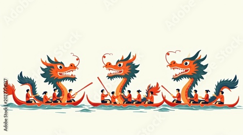 Three colorful dragon boats racing with teams of rowers on the water during a traditional chinese festival celebration vector illustration