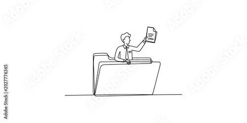 Obraz na plátně Man sitting on large stack of documents holding up a paper