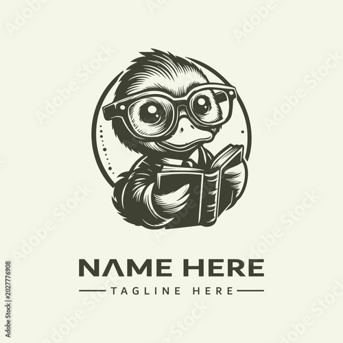 Canvas Print Monochromatic illustration of a bespectacled animal character holding a book within a circular icon set against a plain background