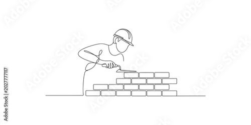 Continuous line drawing of a construction worker building a brick wall