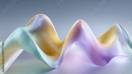 Smooth undulating abstract form displays iridescent pastel coloration against a muted background
