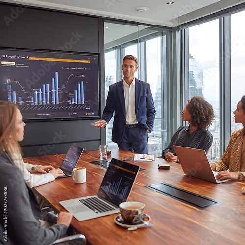 Businessman presents financial performance charts to his professional team in a modern office.