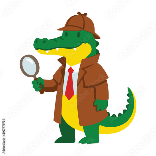 Crocodile detective in brown coat and hat