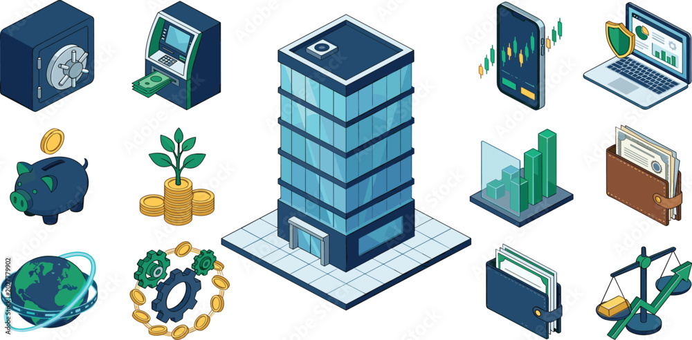 Fototapeta premium Business and Banking Isometric Vector Icon Set Featuring Financial Institution Building ATM Safe Piggy Bank Mobile Trading Wallet and Market Analytics Graph Elements