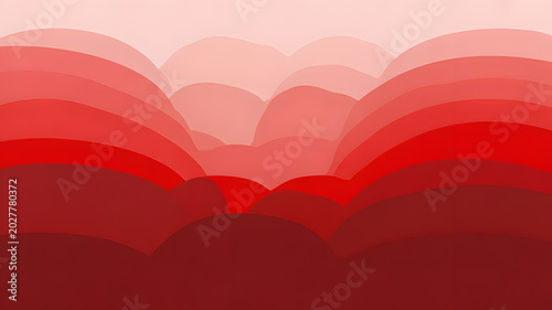 Abstract red gradient layers creating smooth wavy flowing shapes and a serene landscape
