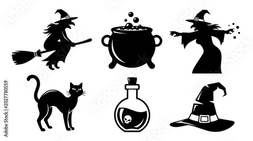 Bild auf Leinwand Halloween Witchcraft Silhouette Collection: Flying Witch, Cauldron, Black Cat, P
