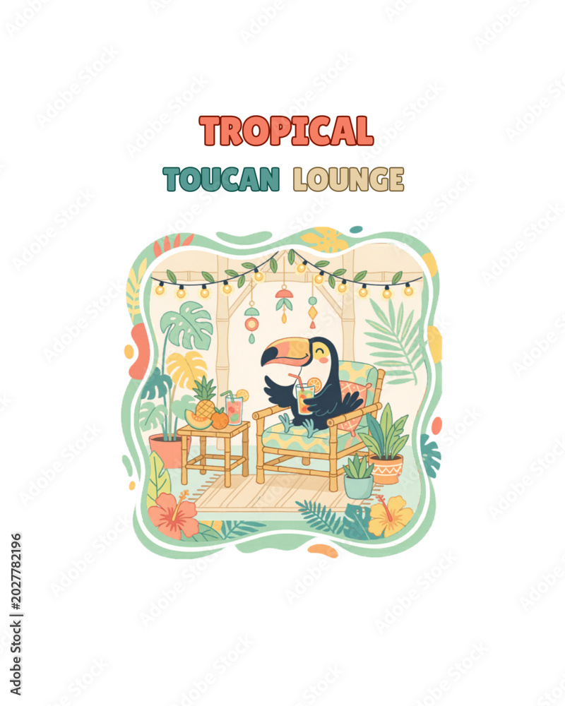 Fototapeta premium Cute Cartoon Toucan Relaxing With Fruit Cocktails In Tropical Resort Lounge