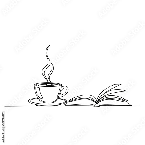 Continuous line art illustration of coffee cup and book, minimalist outline