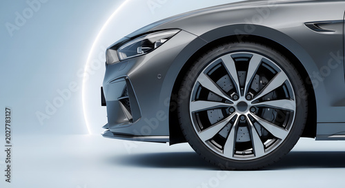 Front view of a modern sports sedan wheel arch and alloy rim