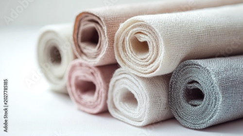 Minimalist image of cotton fabric rolls in gentle pastel tones, arranged in diagonal stack on clean white background, emphasizing textile softness