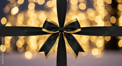 Elegant Black Ribbon and Bow with Golden Bokeh Lights Background.