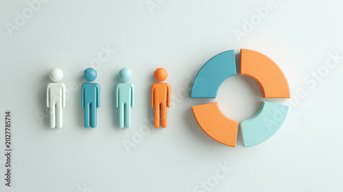 Four distinct colorful human figures aligned beside a segmented donut chart representing business data.