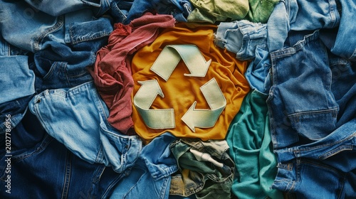 Colorful textile scraps creatively shaped into recycling icon, surrounded by folded jeans, shirts and socks, promoting sustainability theme