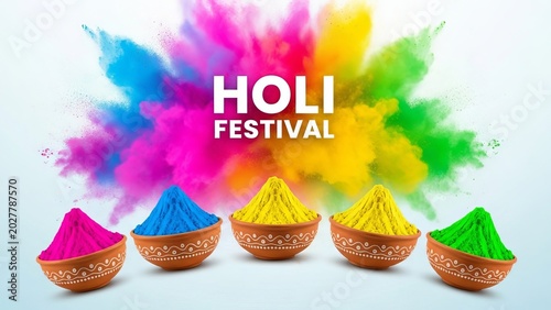 Vibrant holi festival colors in decorative bowls on light blue background