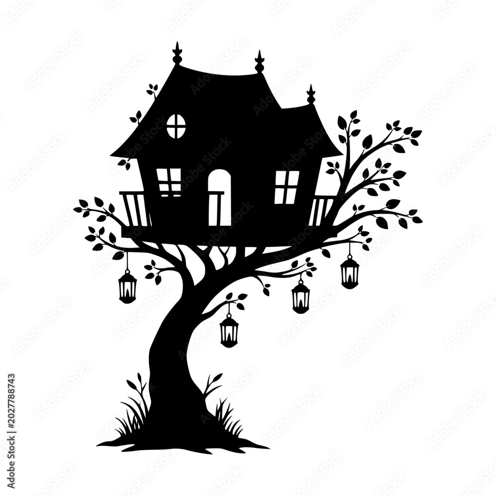 Fototapeta premium Whimsical treehouse silhouette with lanterns and hanging branches
