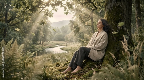 Serene woman sitting by forest stream.