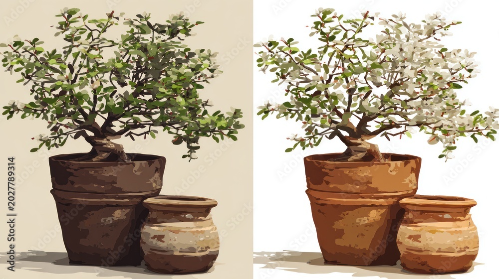 Fototapeta premium Cultivated miniature trees displayed in contrasting verdant and blossoming states side by side