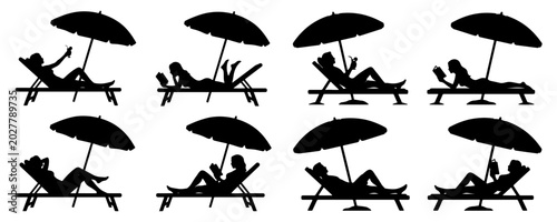 Obraz na płótnie Silhouette of girl sunbathing on the beach, Silhouette vector a person relaxing