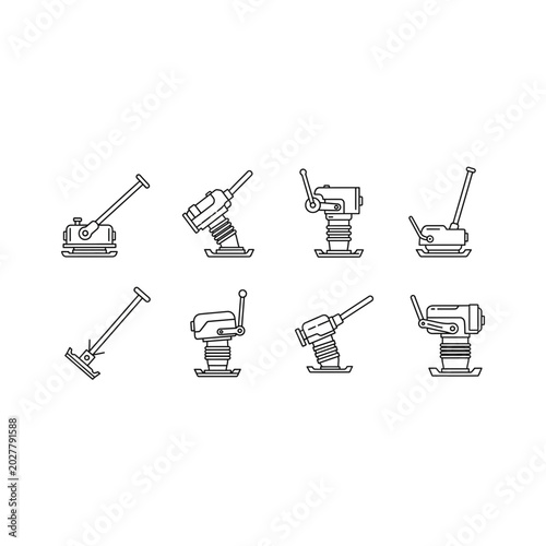 Fotografía Vibratory tamping rammer and compactor line icon set with compactor, vibratory