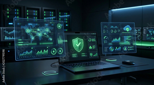 Cyber security shield dashboard laptop workstation green protection interface in dark server room with cloud network monitor and data analytics panels