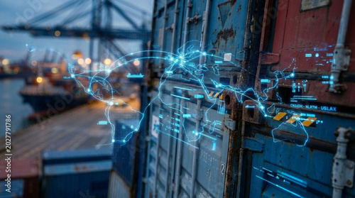 Cargo container shipping container digital overlay route data logistics network port terminal global trade transport route supply chain warehouse