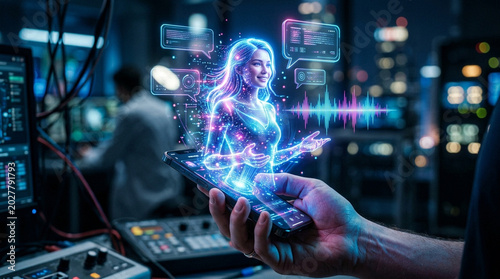 Mobile phone hologram artificial intelligence digital assistant human interface glowing blue pink technology communication smartphone virtual female figure speech bubble data neon futuristic