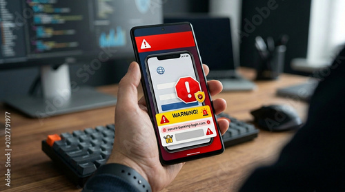 Phishing attack simulation warning alert mobile phone hand holding cyber security online fraud login page screen warning internet scam data theft