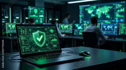 Secure system shield icon glowing green laptop cyber security control room network monitoring data protection computer screen hacker defense server center digital safety secure system shield icon