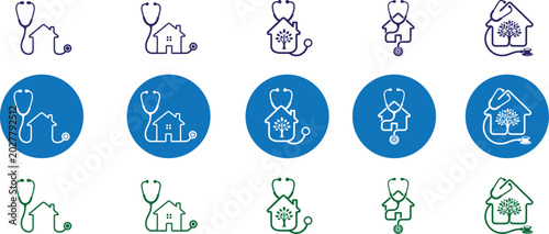 Set of medical house icons with stethoscope for home healthcare service branding and logo design.