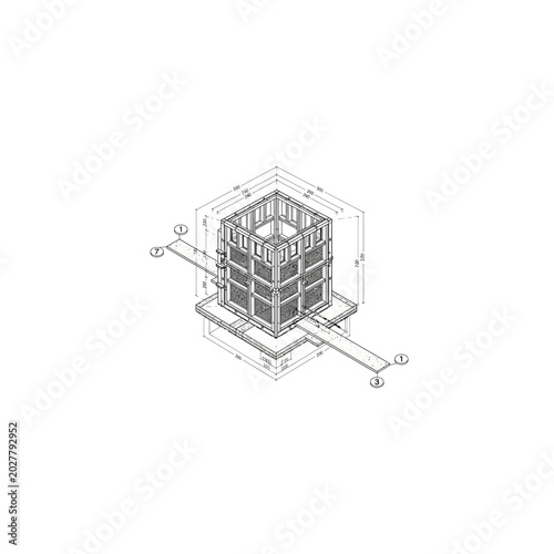 Isometric technical drawing of a modular cube frame structure with isometric