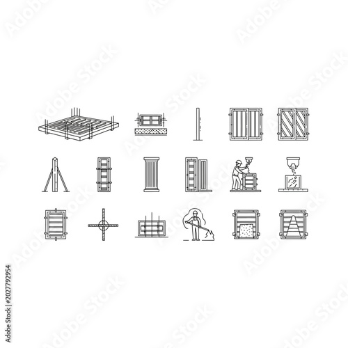 Collection of architectural and construction line art icons with architecture