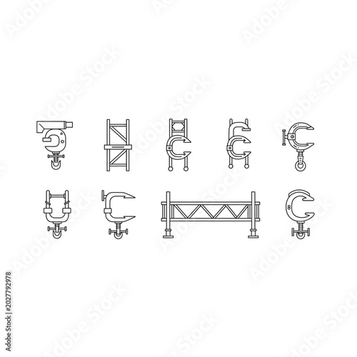 Assortment of clamps clips structural connector line art icons with connector