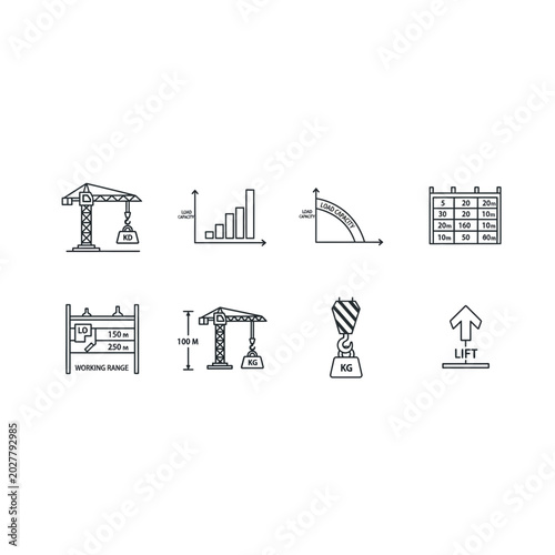 Construction equipment and lifting heavy load operations icon set with machinery