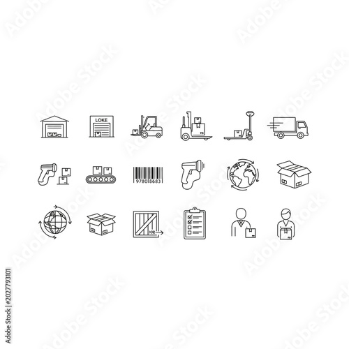 Logistics and supply chain management process line icon collection with shipping