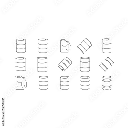 Set of industrial barrel and jerrycan storage icons with jerrycan, container