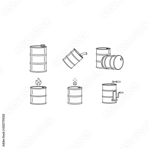 Collection of industrial oil and chemical barrel handling icons with industrial