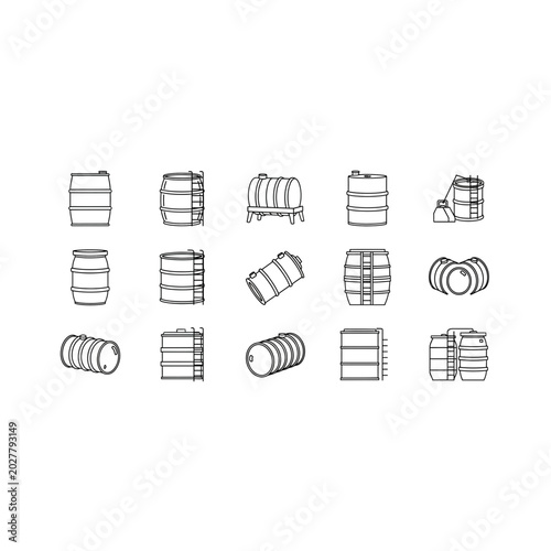 Oil and chemical barrel drum collection icons with chemical container shipping
