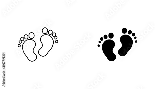 Black vector baby footprints silhouette print design. Footsteps in outline heart frame shape. Baby shower decor. New born sign icon. It's a girl,boy.Abstract love symbol.Vinyl wall sticker decal. Care