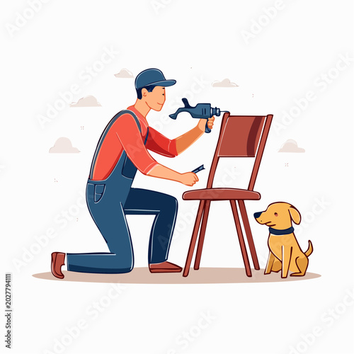 Carpenter repairing chair with dog watching